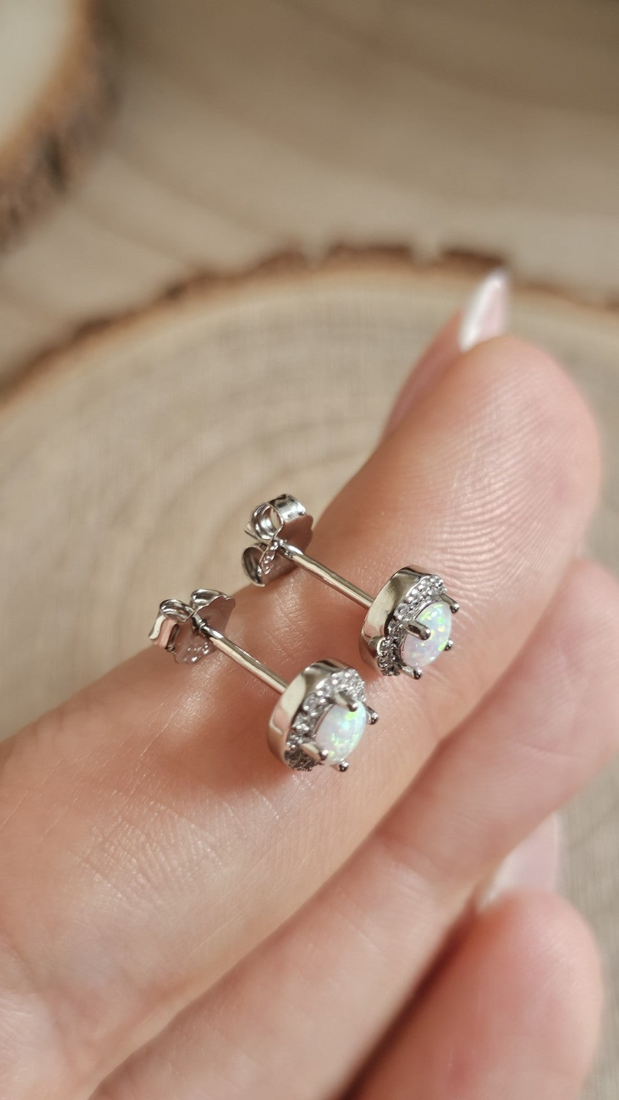 925 Sterling Silver White Opal CZ Halo Stud Earrings 6.6mm