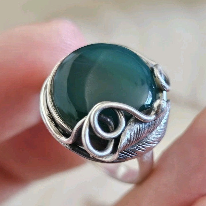 Vintage Sterling Silver Green Onyx Statement Ring Size S 7.92g