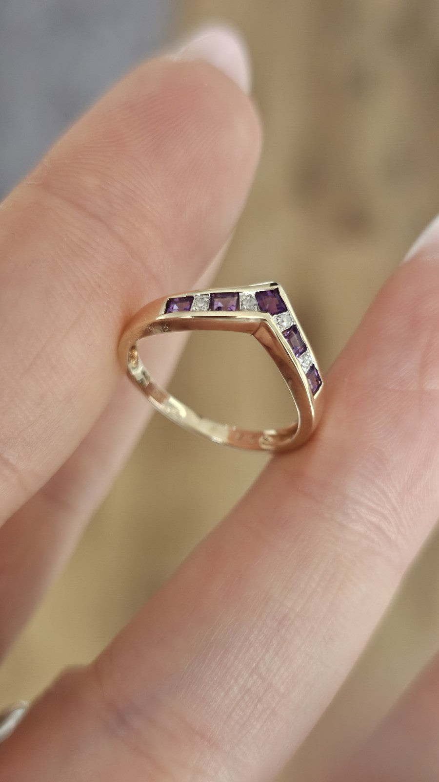 9ct Yellow Gold Natural Amethyst & Diamond Wishbone Ring Size K Hallmarked