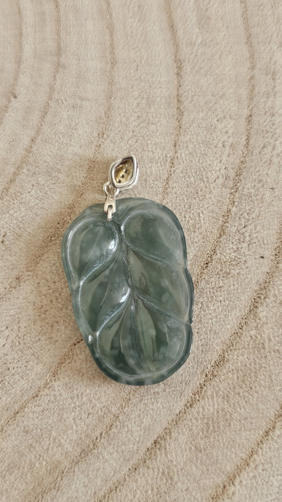 Gemporia 925 Sterling Silver Jadeite & Diamond Carved Leaf Pendant Signed G