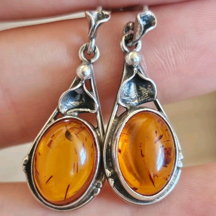 925 Sterling Silver Amber Drop Earrings Floral Design 7.14g 33mm