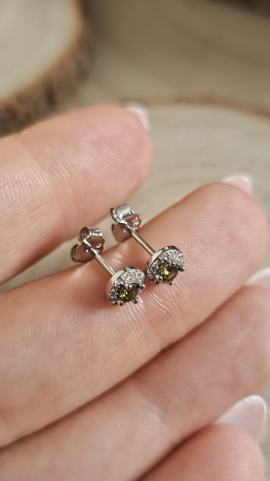 925 Sterling Silver Olive Green CZ Halo Stud Earrings 5.8mm , New Boxed