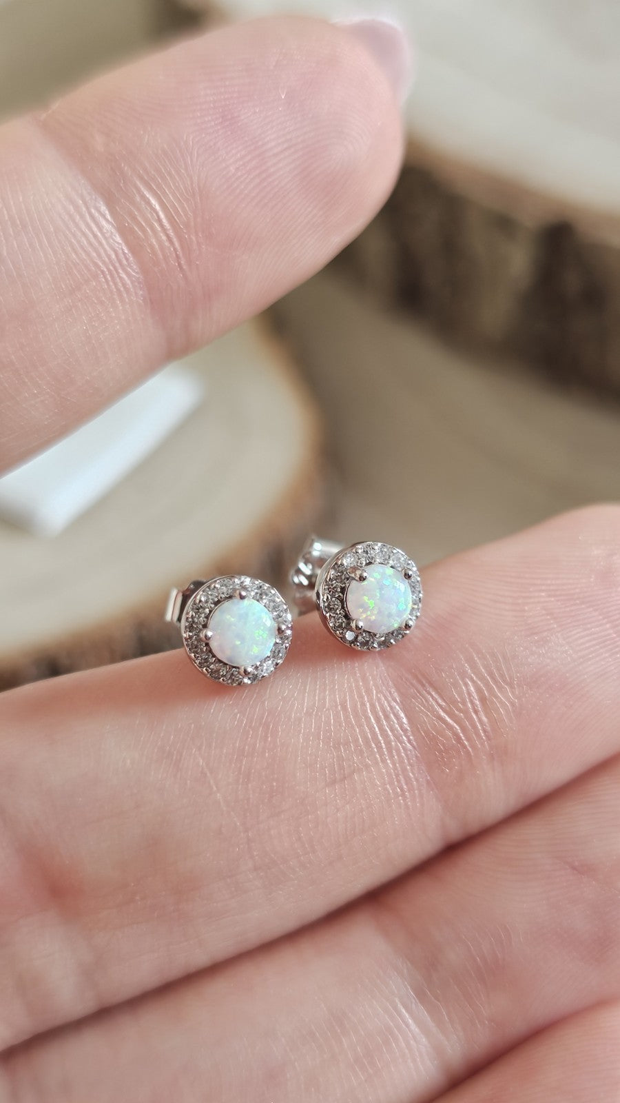 925 Sterling Silver White Opal CZ Halo Stud Earrings 6.6mm
