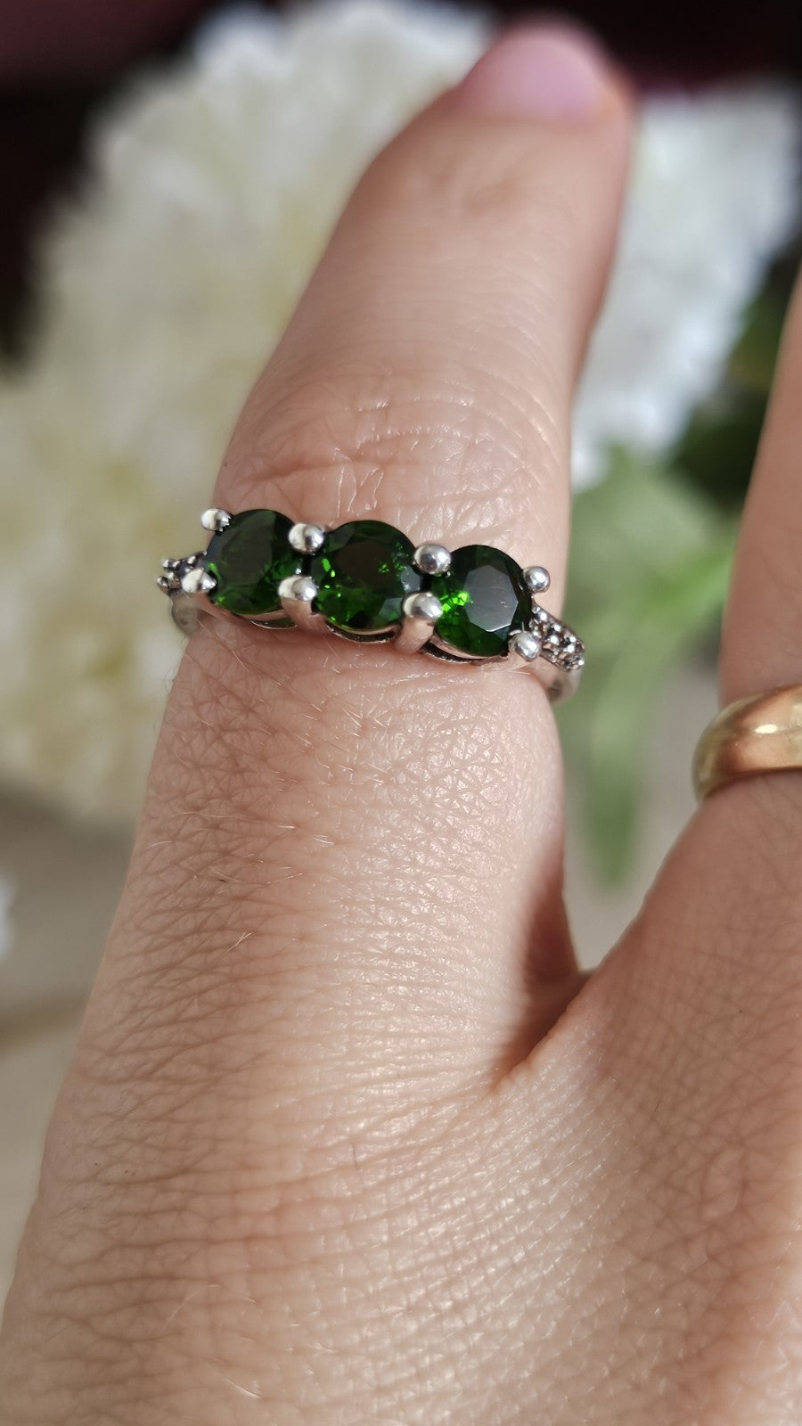 925 Sterling Silver Chrome Diopside Trilogy Ring Size L 1/2 TGGC 2.56g