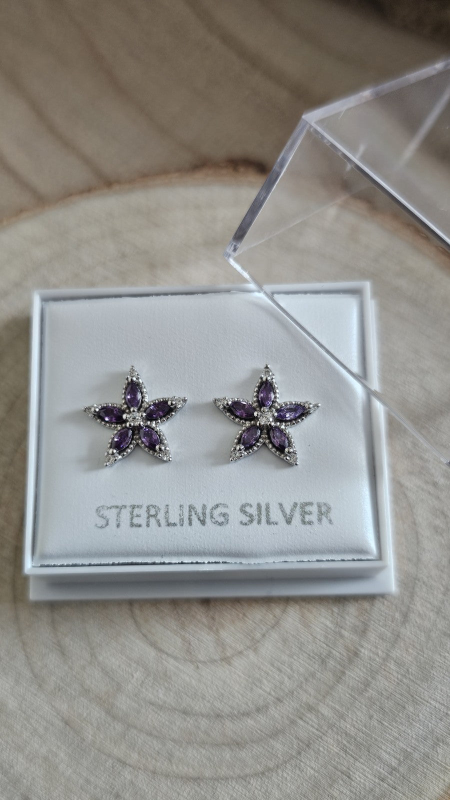 925 Sterling Silver Purple CZ Flower Stud Earrings 11mm Floral Star New
