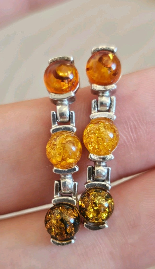 925 Sterling Silver Multi Amber Drop Earrings 3 Stone Articulated 4.36g