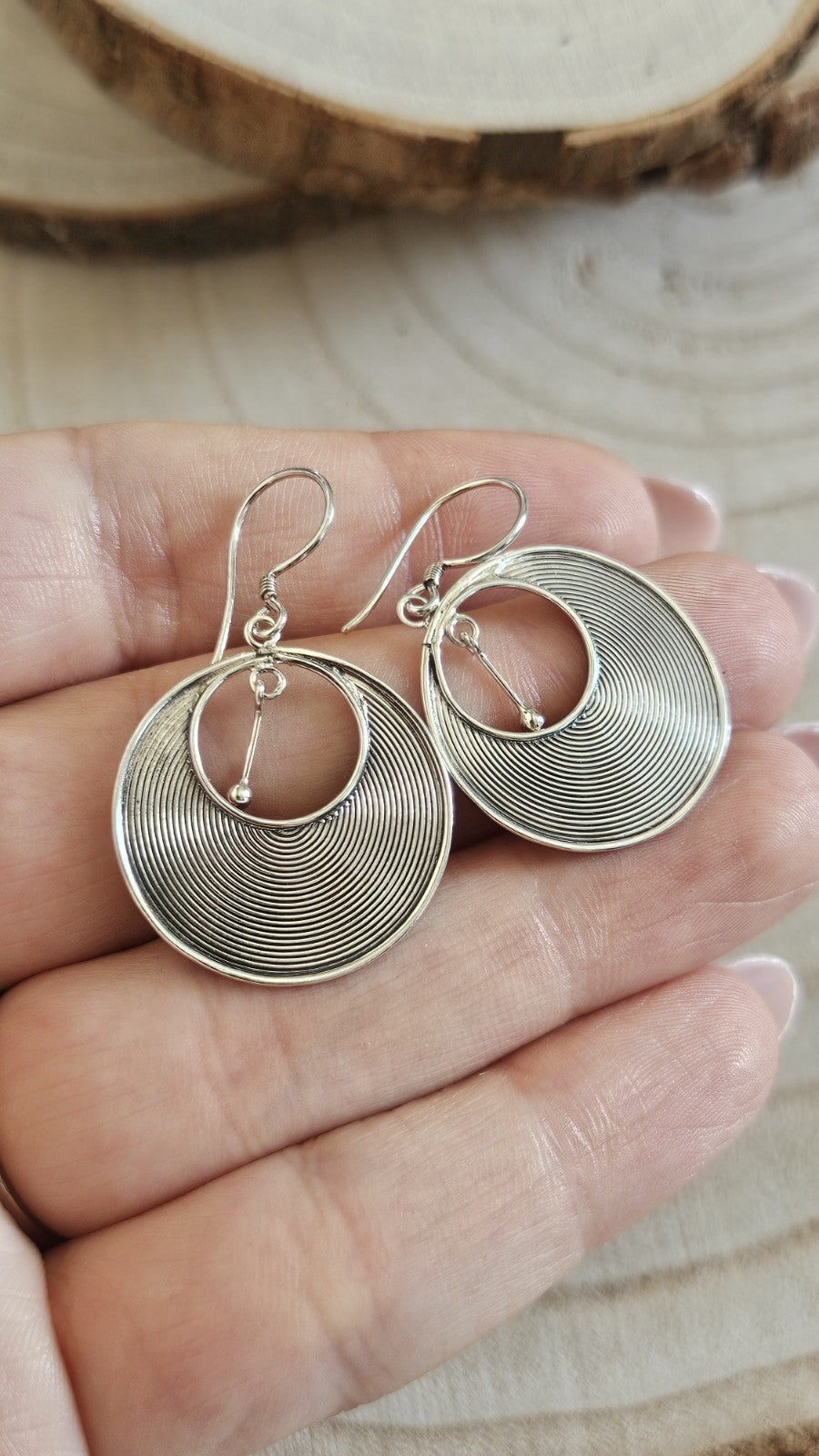 925 Sterling Silver Large Spiral Disc Drop Earrings Circular Dangle 3.64g