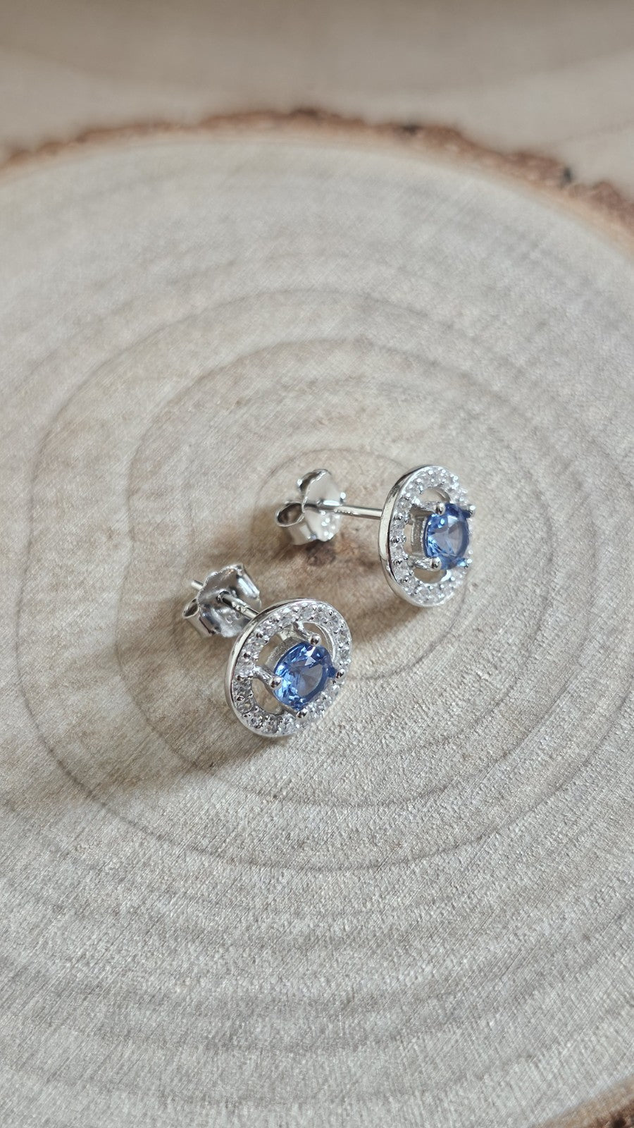 925 Sterling Silver Blue CZ Halo Stud Earrings 9.6mm, New Boxed