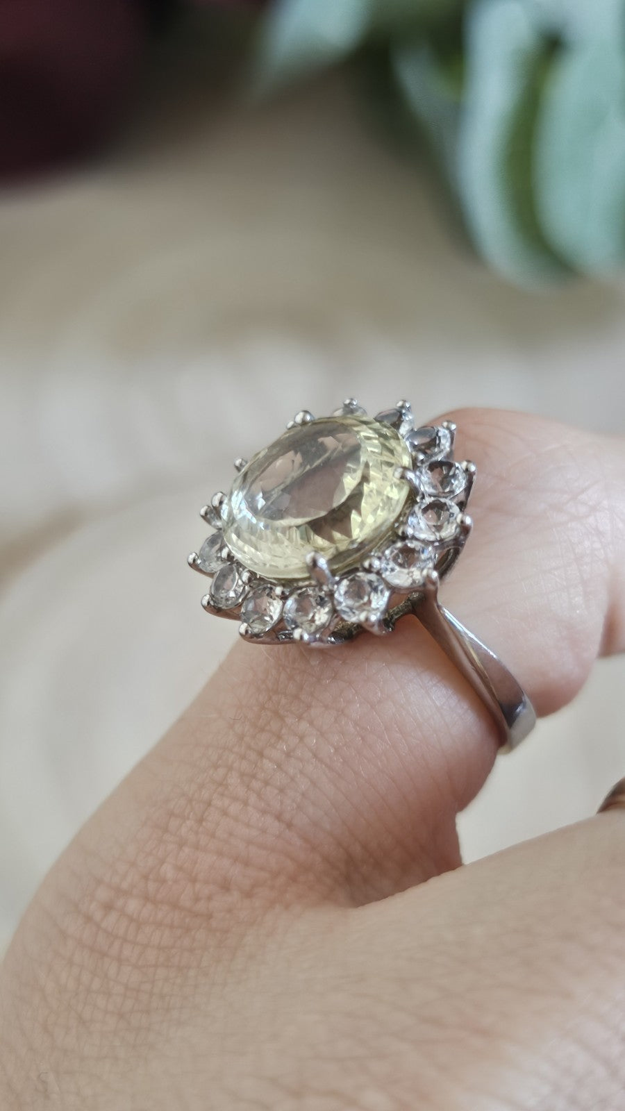 TGGC 925 Sterling Silver Green Amethyst/Prasiolite Halo Ring, Size N 1/2