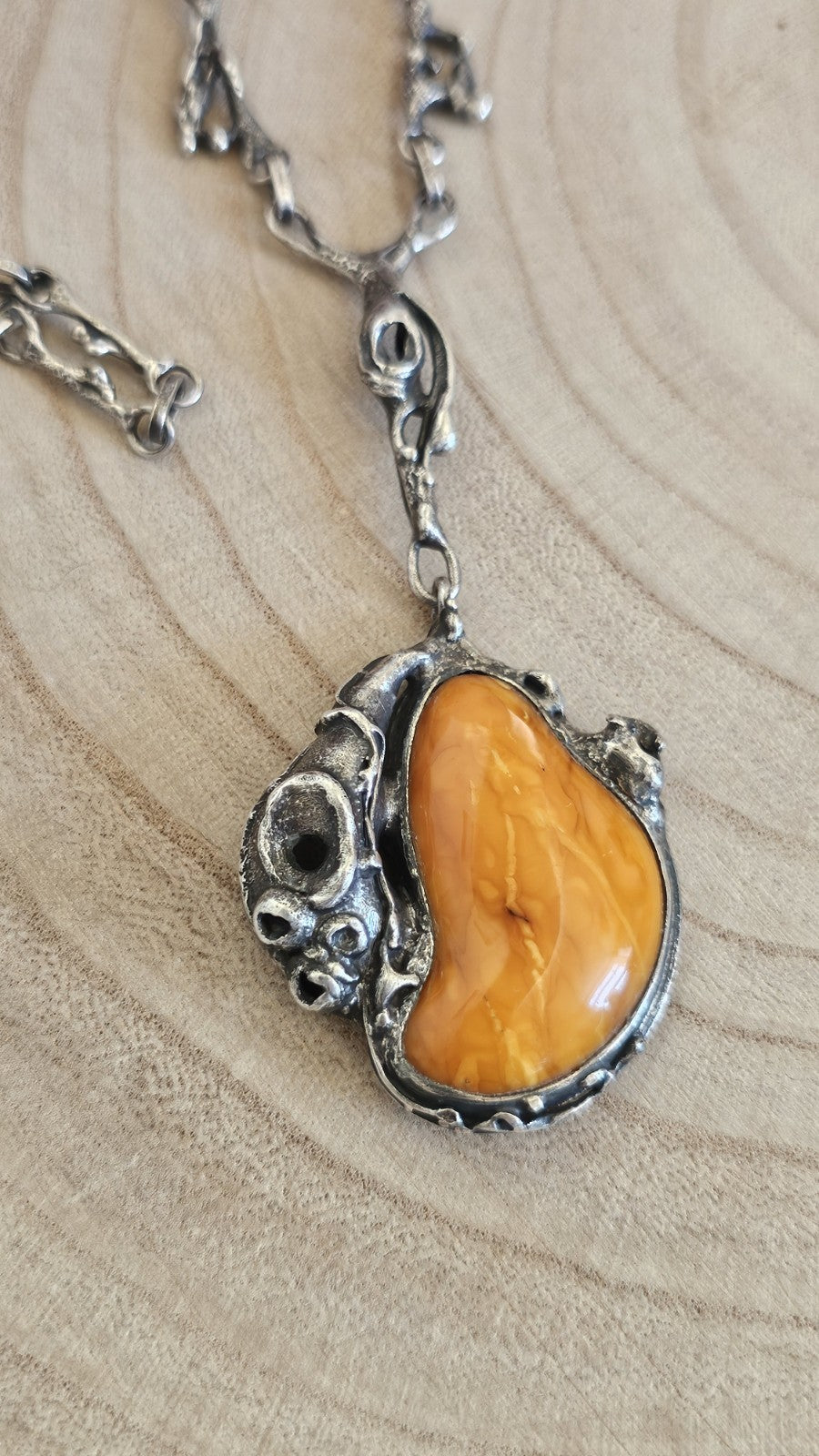 Vintage Polish 800 Silver Amber Brutalist Pendant Necklace TMS Warsaw, 37g