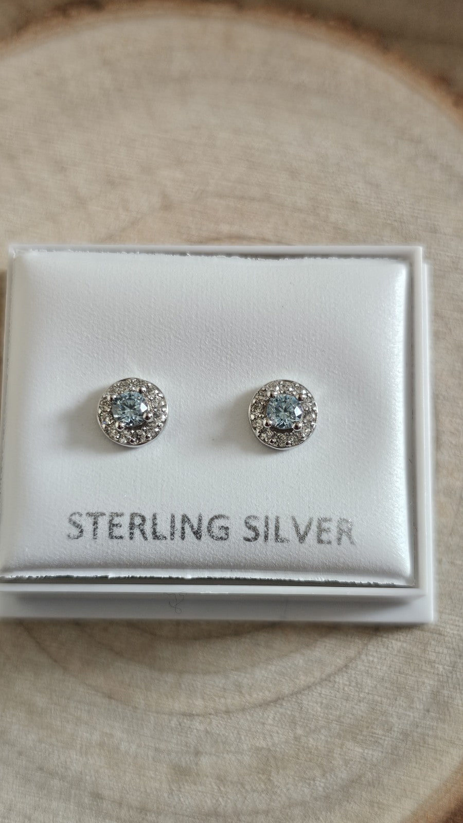 925 Sterling Silver Blue Topaz CZ Halo Stud Earrings Rhodium Plated 6mm New