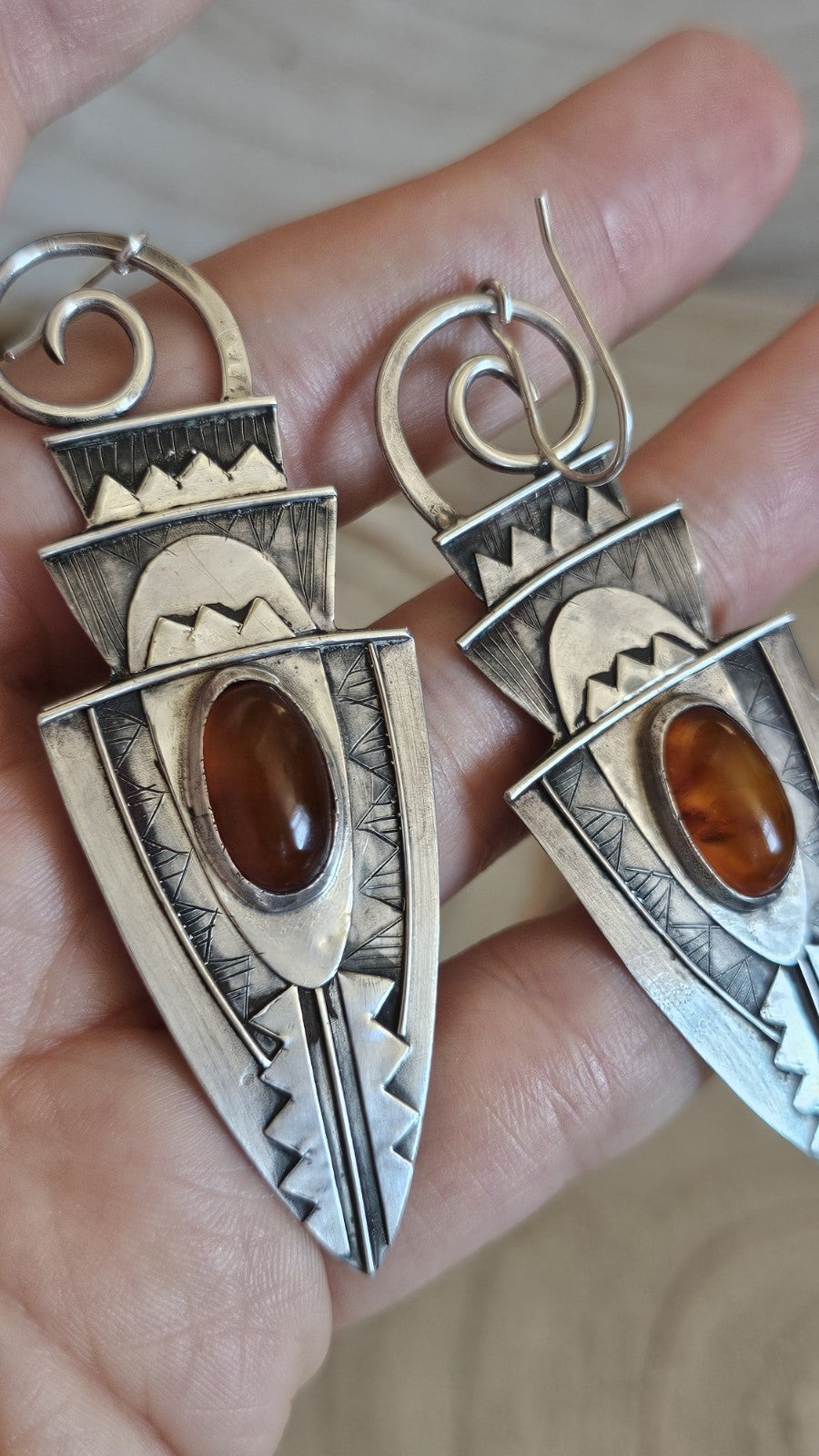 Vintage 1993 925 Sterling Silver Amber Drop Earrings Hallmarked 14g
