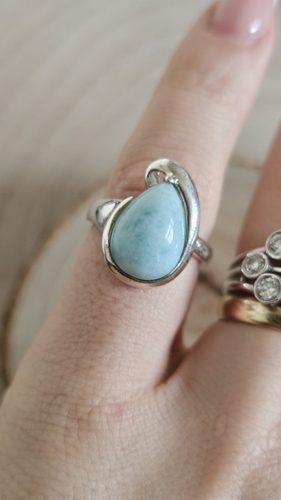 925 Sterling Silver Larimar Teardrop Ring Size N Blue Gemstone 5.51g
