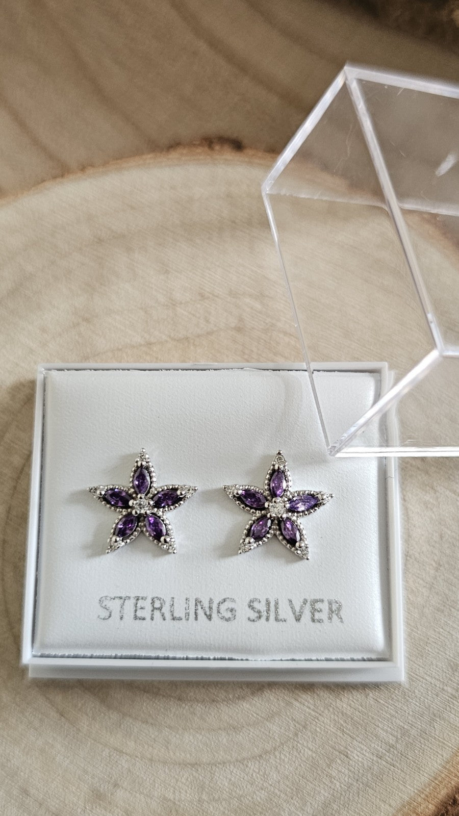 925 Sterling Silver Purple CZ Flower Stud Earrings 11mm Floral Star New