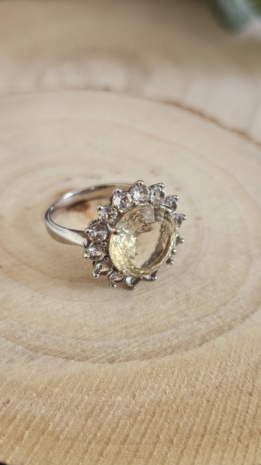 TGGC 925 Sterling Silver Green Amethyst/Prasiolite Halo Ring, Size N 1/2