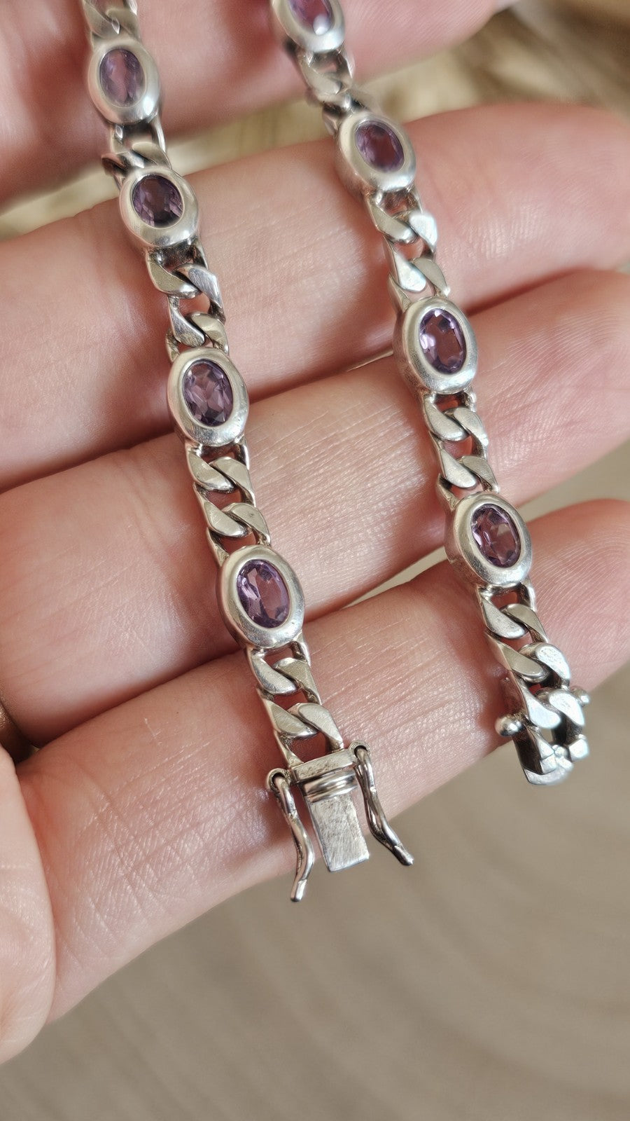 925 Sterling Silver Curb Link Amethyst Bracelet 18.5cm Hallmarked 13.39g