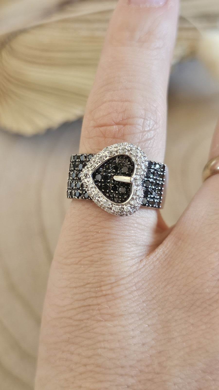 Sterling Silver Natural Black & Clear Diamond Buckle Ring Size N 1/2