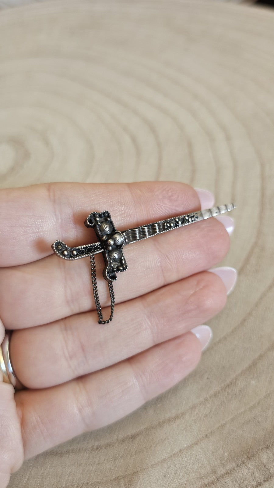 Antique Silver Sword Dagger Brooch Safety Chain Ornate Vintage Jewellery 5.17g