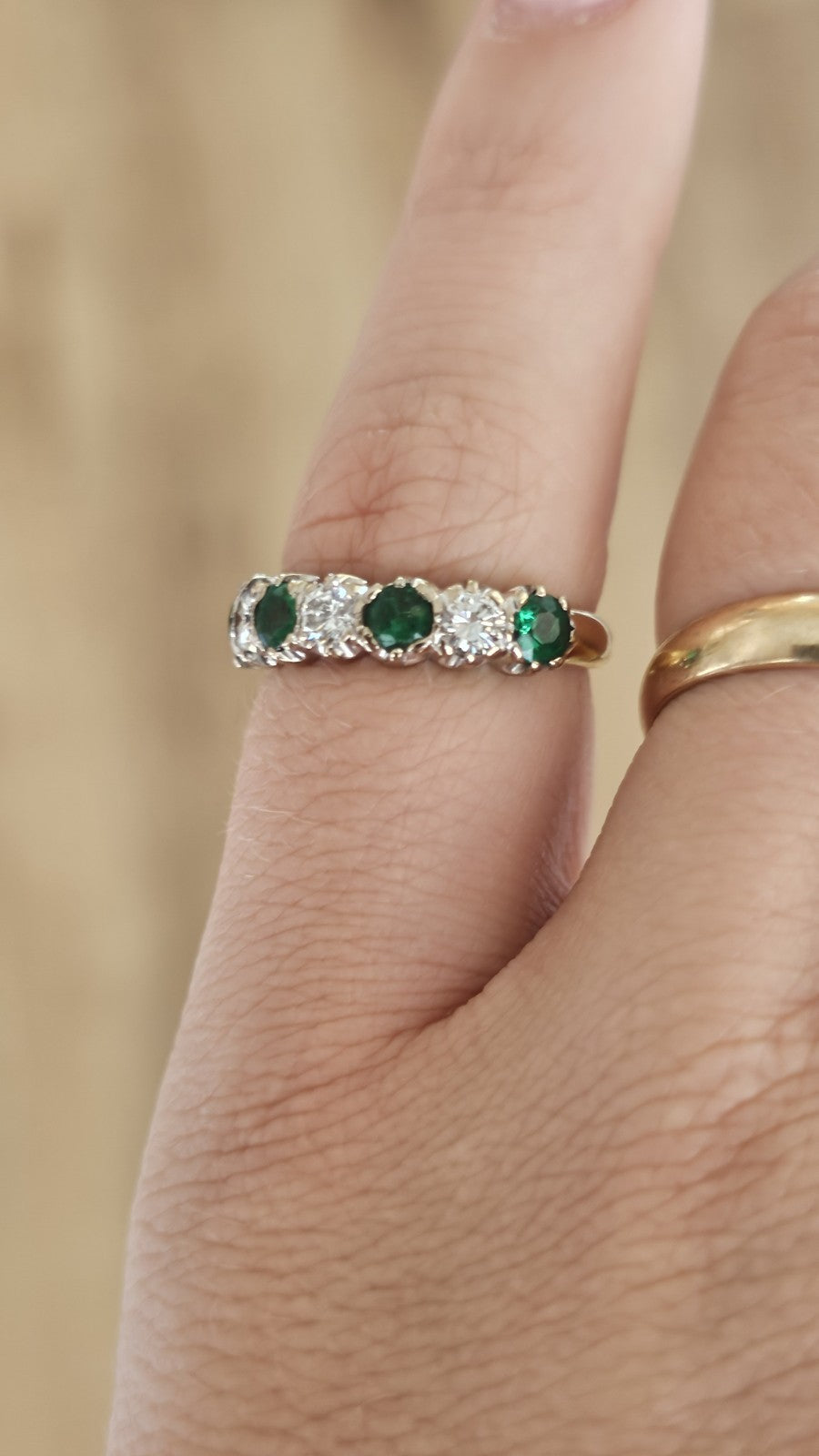 Vintage 18ct Gold Emerald & Diamond Seven-Stone Half Eternity Ring,size M 1/2