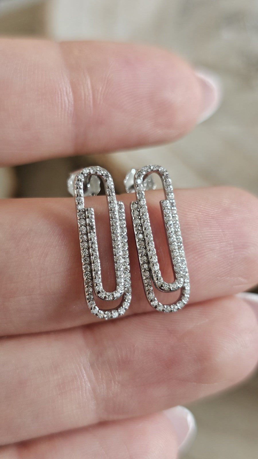 925 Sterling Silver CZ Paperclip Stud Earrings Sparkling Link Design