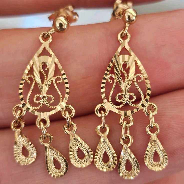 9ct Yellow Gold Filigree Chandelier Drop Earrings 31.8mm 2.62g 375