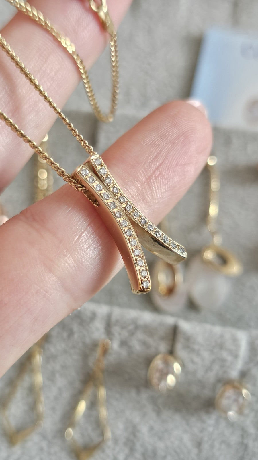 9ct Yellow Gold Natural Diamond Crossover Pendant Necklace 19" Hallmarked