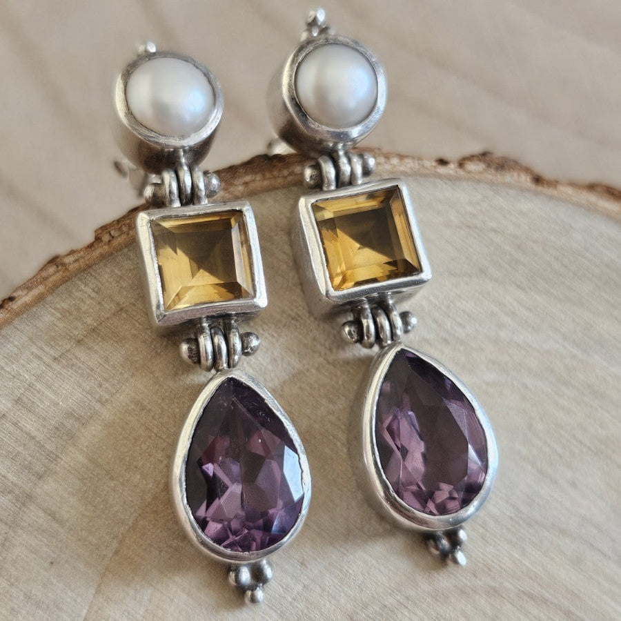 Vintage 925 Sterling Silver Pearl Citrine Amethyst Drop Earrings 12.12g