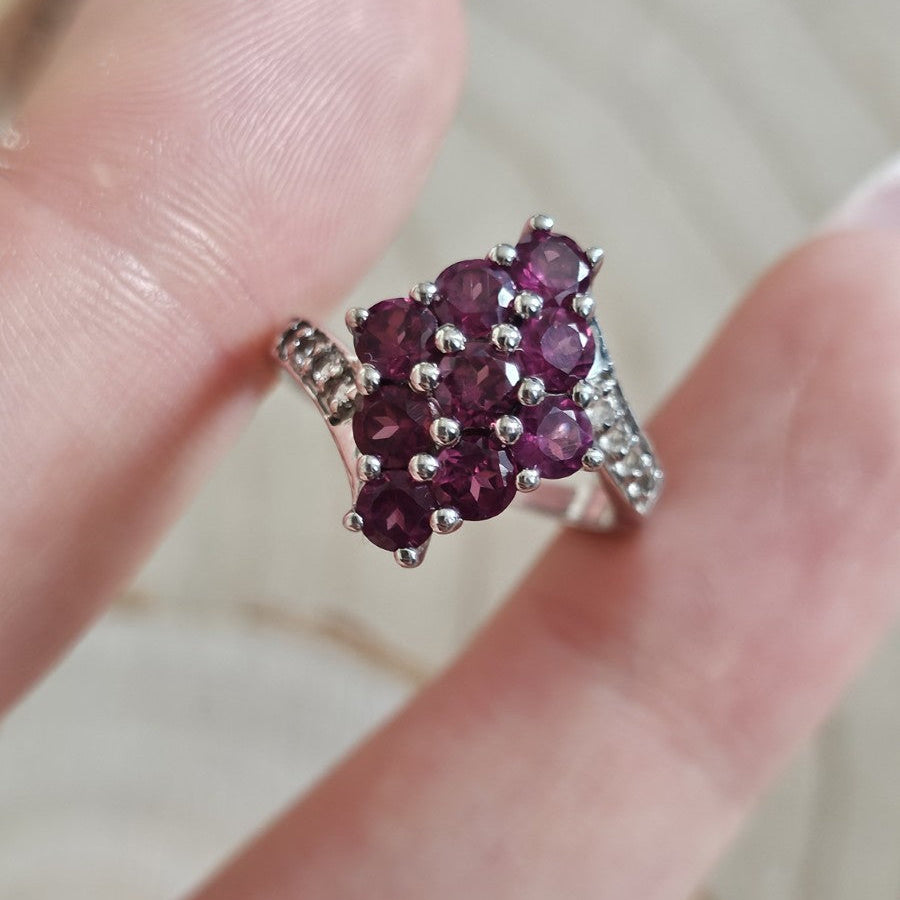 TGGC 925 Sterling Silver Rhodolite Garnet & Zircon Cluster Ring Size L 1/2