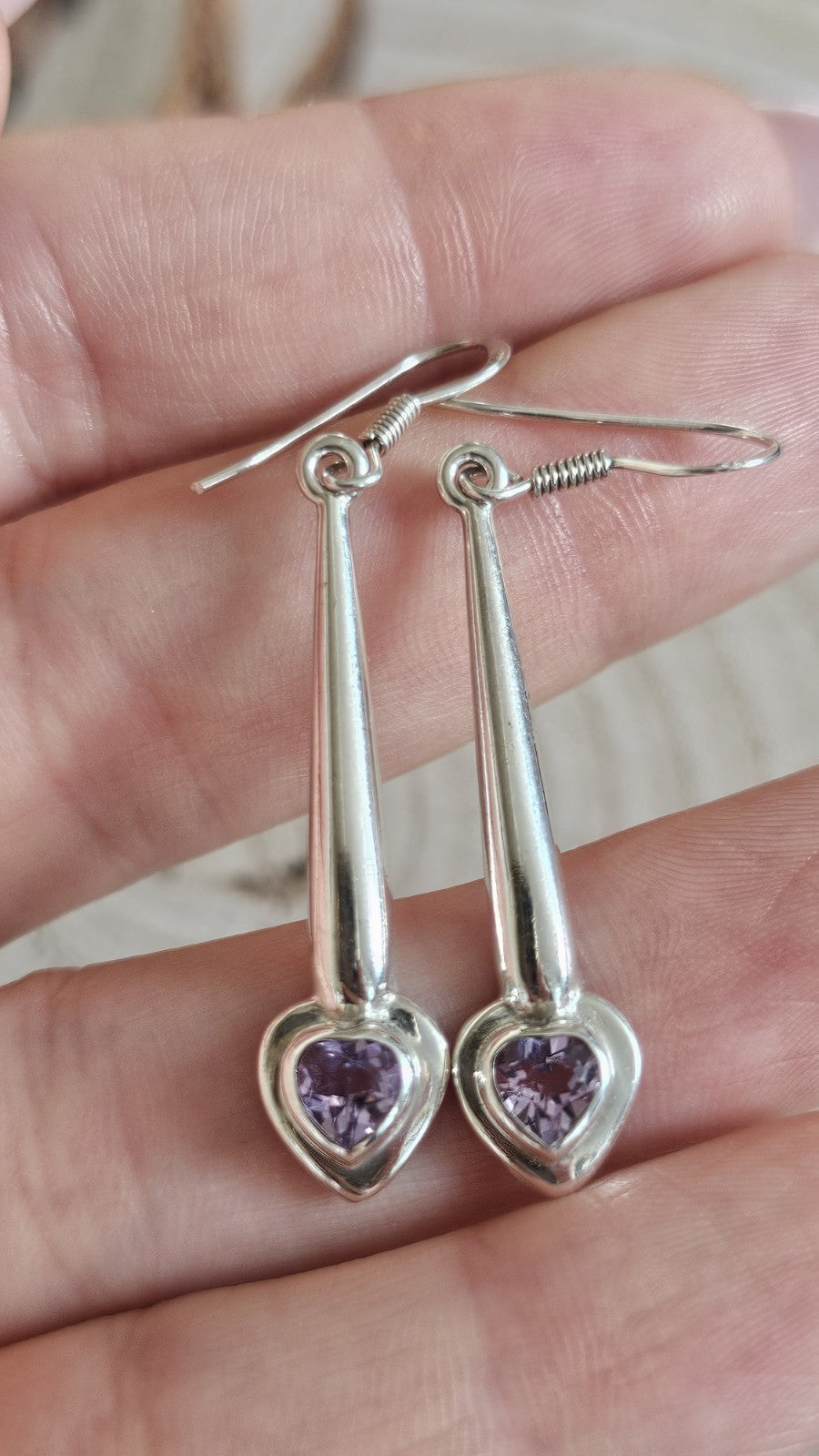 925 Sterling Silver Amethyst Heart Drop Dangle Earrings Stamped 925