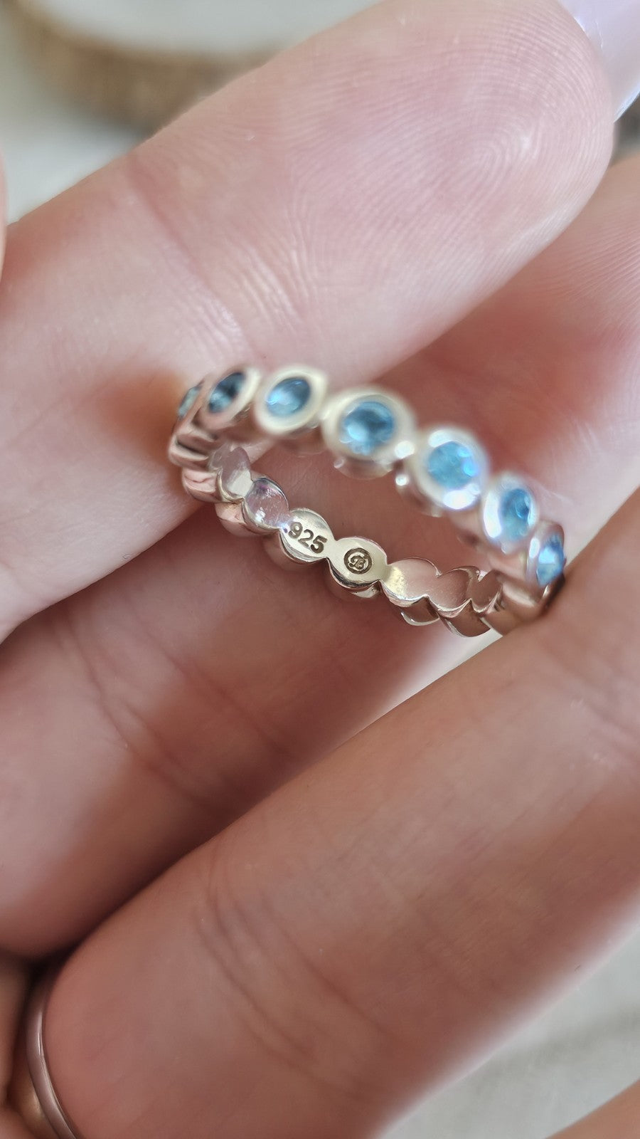 925 Sterling Silver Blue Topaz Full Eternity Ring Size M 4.33g