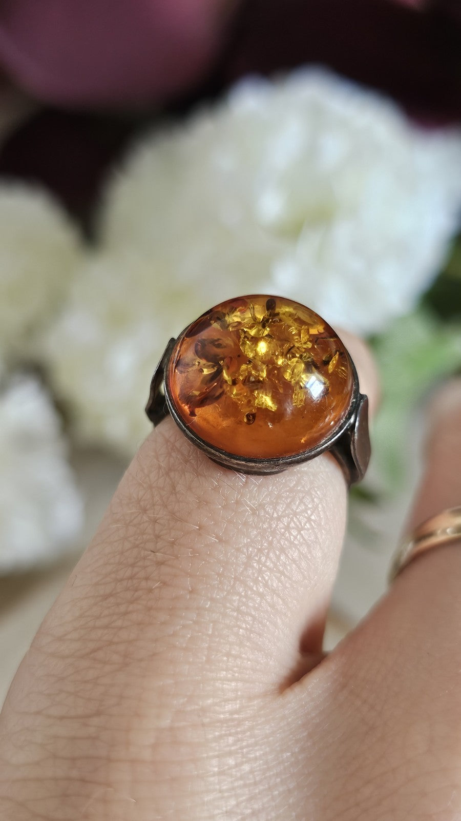 Vintage 925 Sterling Silver Amber Ring Size L 1/2 Honey Cognac 3.31g