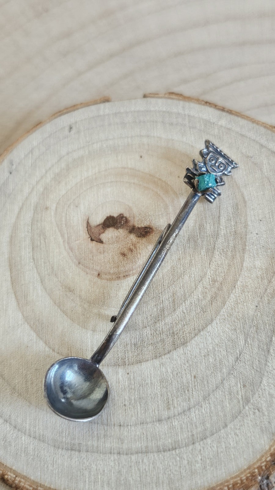 Vintage 900 Silver Spoon Brooch Turquoise Stone Figural Pin 3.28g 64mm