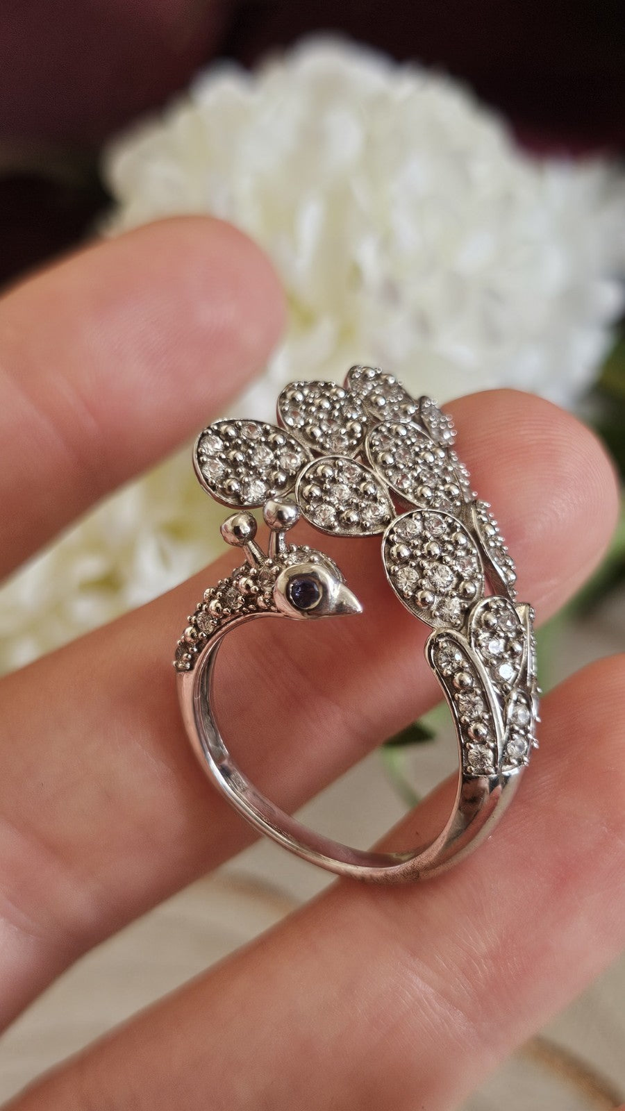 TGGC 925 Silver Natural Zircon Amethyst Peacock Ring Adjustable P 1/2