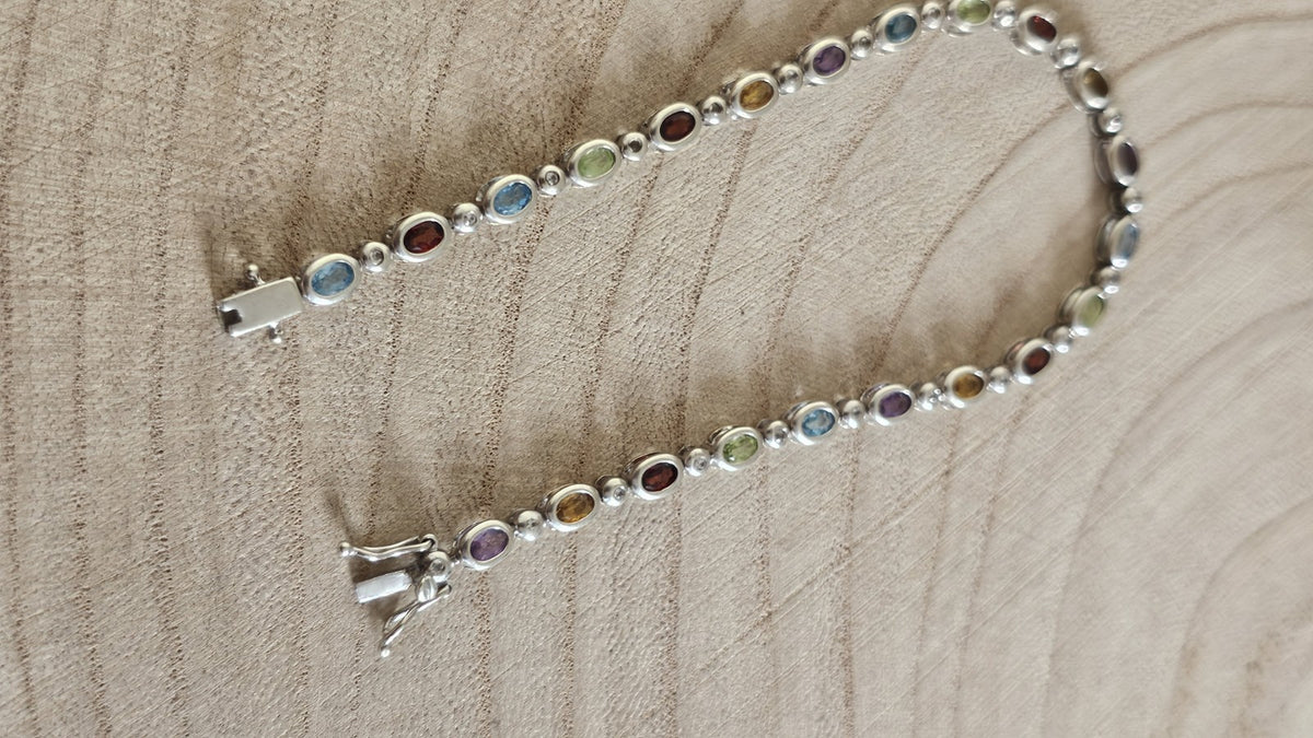 925 Sterling Silver Multi Gemstone Bracelet Garnet Amethyst Topaz 8inches