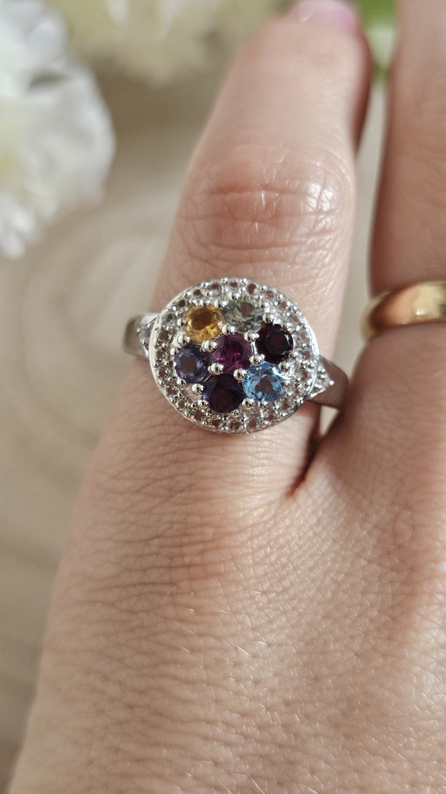 925 Sterling Silver Natural Multicolour Tourmaline Zircon Ring Size R TGGC