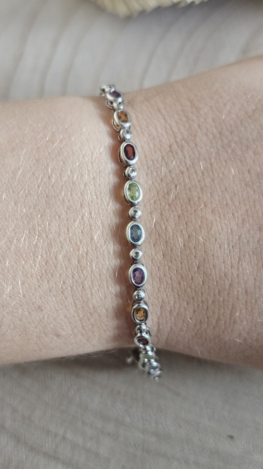 925 Sterling Silver Multi Gemstone Bracelet Garnet Amethyst Topaz 8inches