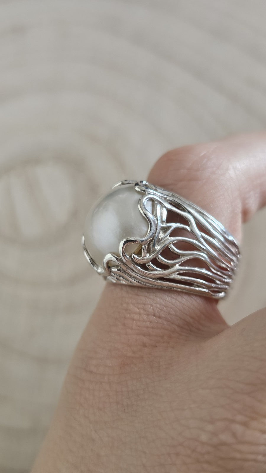 Vintage 925 Sterling Silver Large Pearl Statement Ring – Size R 1/2 – 7.59g