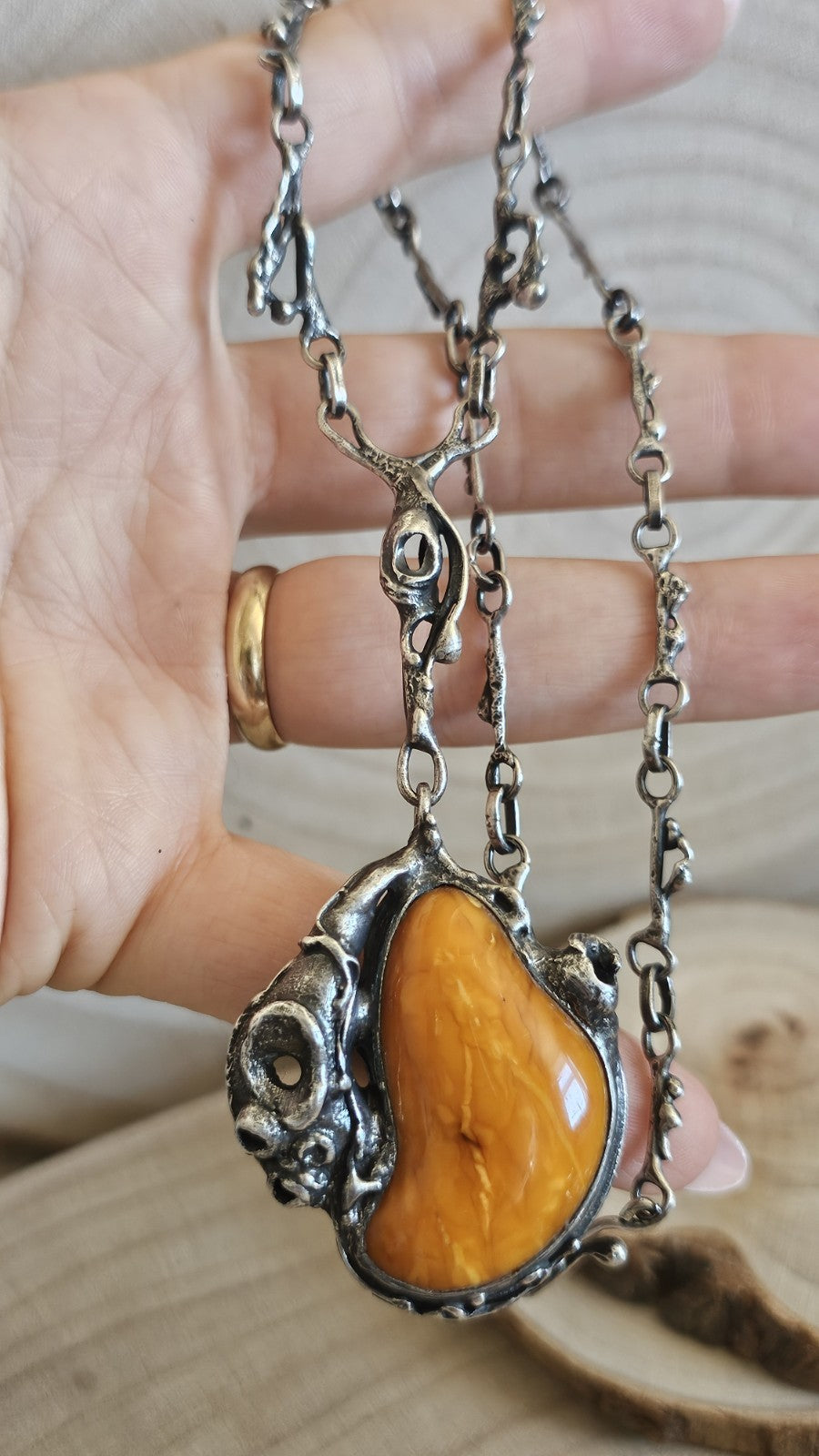 Vintage Polish 800 Silver Amber Brutalist Pendant Necklace TMS Warsaw, 37g