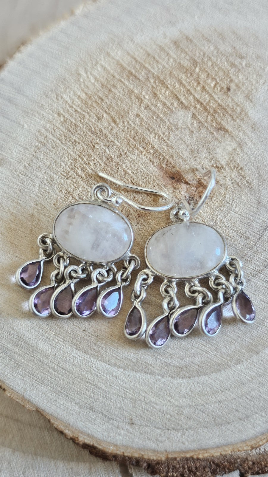 925 Sterling Silver Natural Moonstone & Amethyst Chandelier Drop Earrings