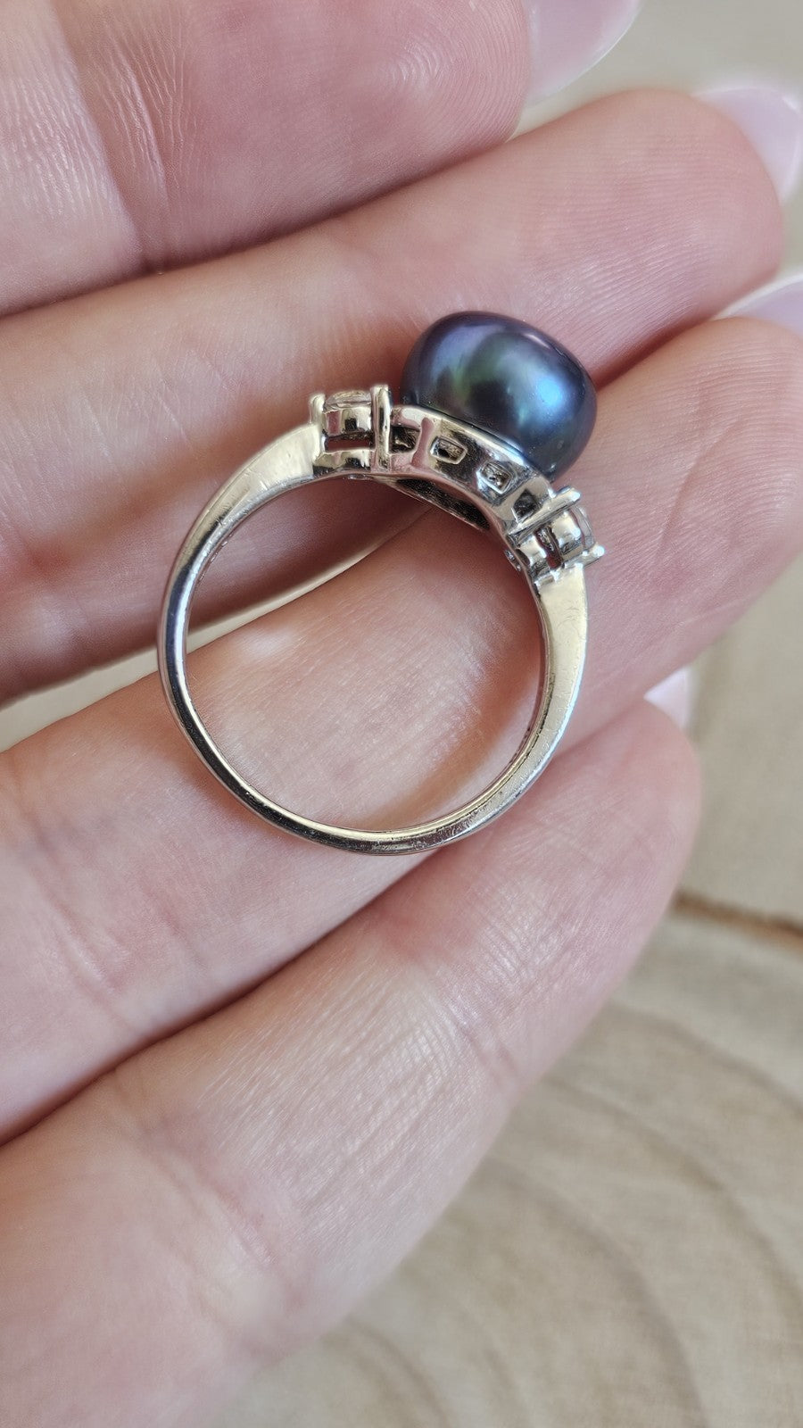 TGGC 925 Sterling Silver Peacock Pearl & Zircon Ring Size P 1/2