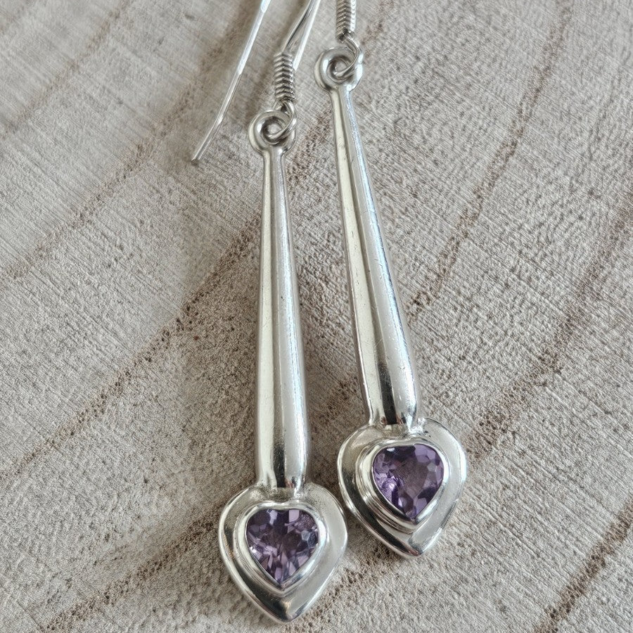 925 Sterling Silver Amethyst Heart Drop Dangle Earrings Stamped 925