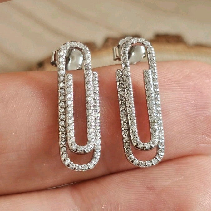 925 Sterling Silver CZ Paperclip Stud Earrings Sparkling Link Design