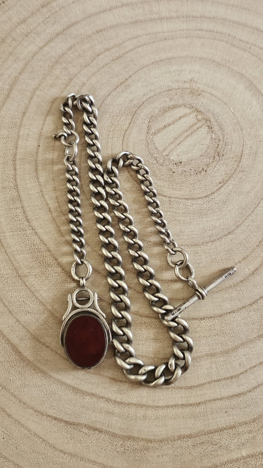 Antique 1901 Sterling Silver Graduated Albert Chain 1889 Carnelian BloodstoneFob