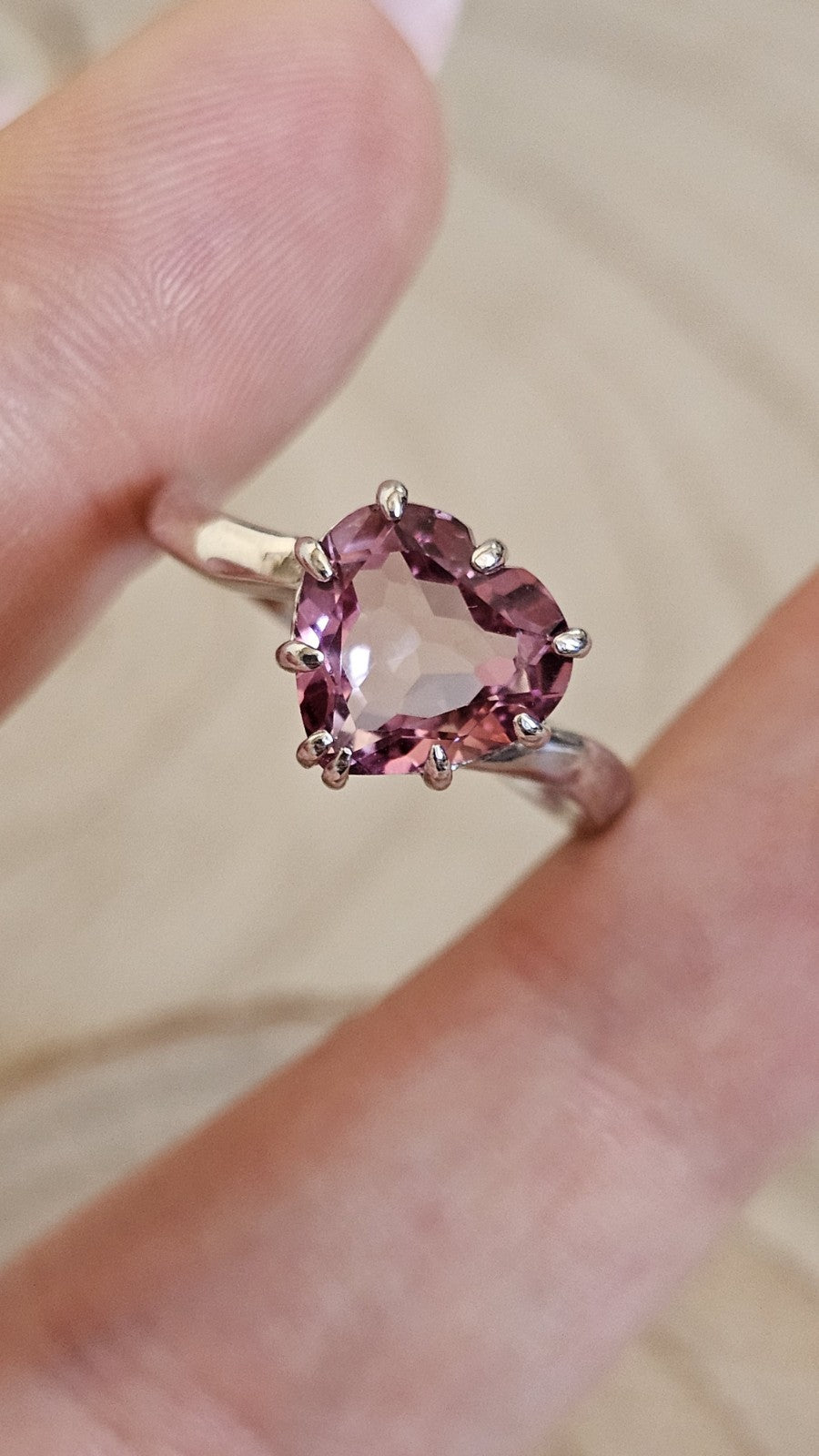 TGGC 925 Sterling Silver Pink Tourmaline Heart Ring Size S – 3.08g