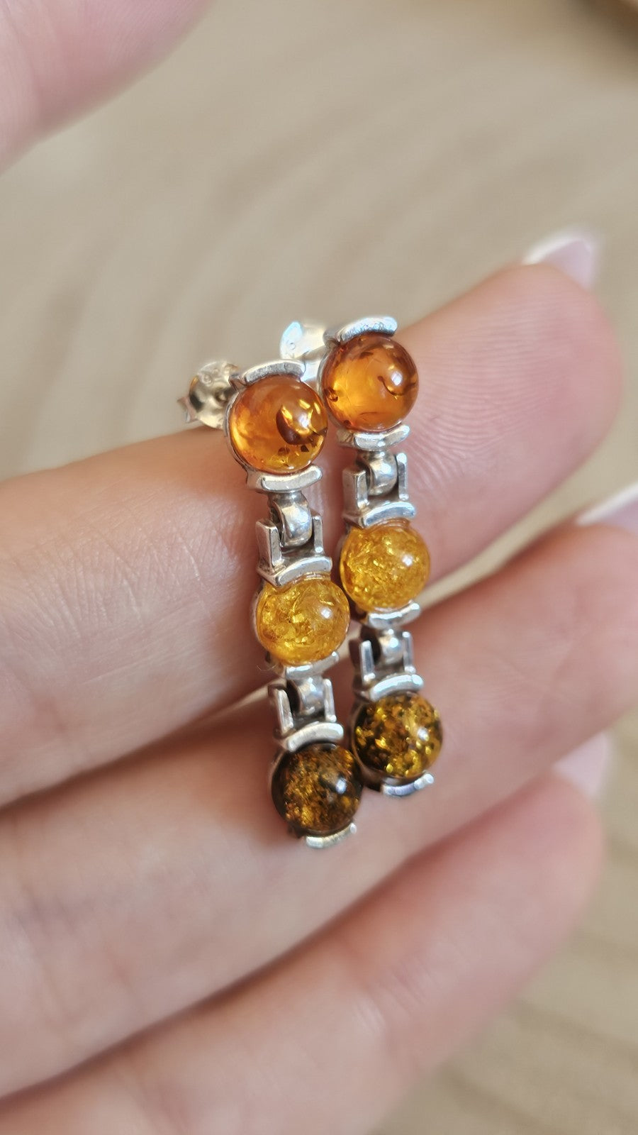 925 Sterling Silver Multi Amber Drop Earrings 3 Stone Articulated 4.36g