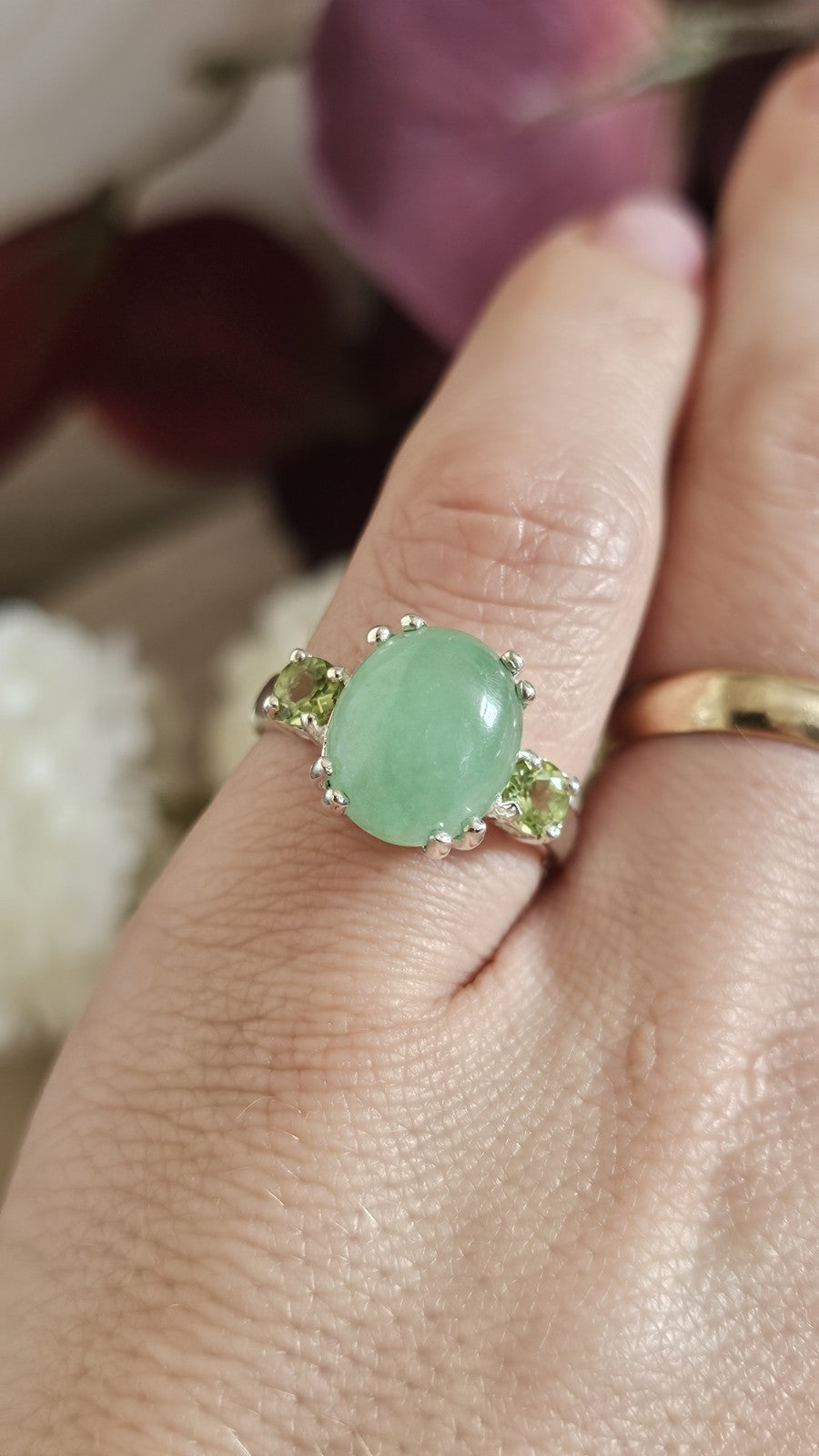 925 Sterling Silver Jade & Peridot Gemstone Ring Size P 4.28g