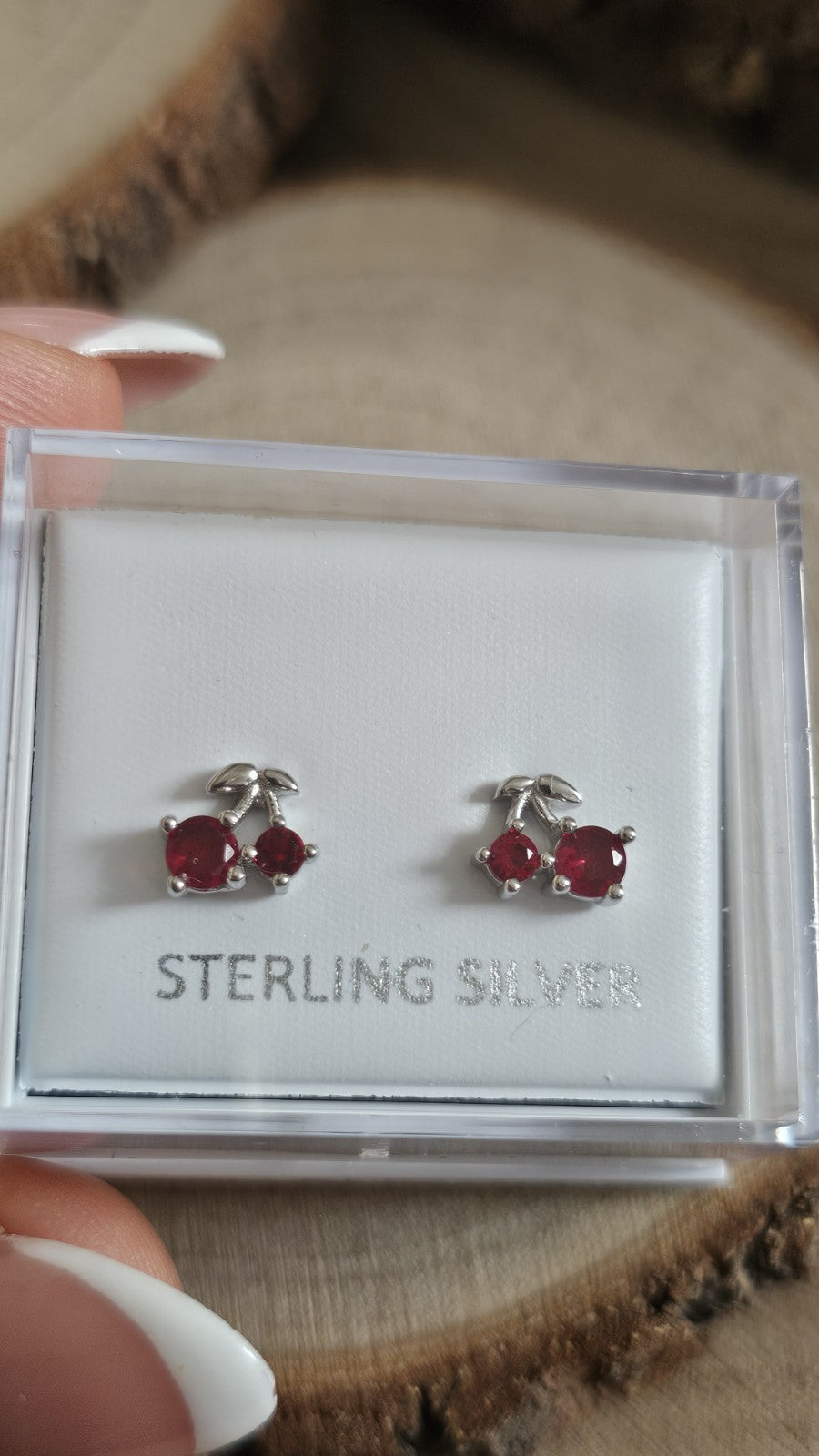 925 Sterling Silver Red Stone Cherry Stud Earrings Rhodium Plated 7.5mm