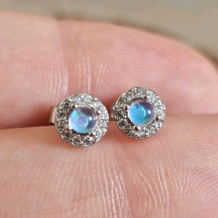 925 Sterling Silver Moonstone CZ Halo Stud Earrings 6mm Round Stamped 925 , New