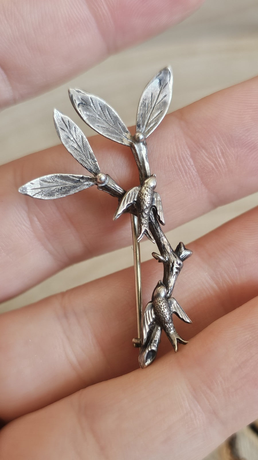 Vintage Silver Swallow Bird & Leaf Branch Brooch Pin 47mm 2.82g