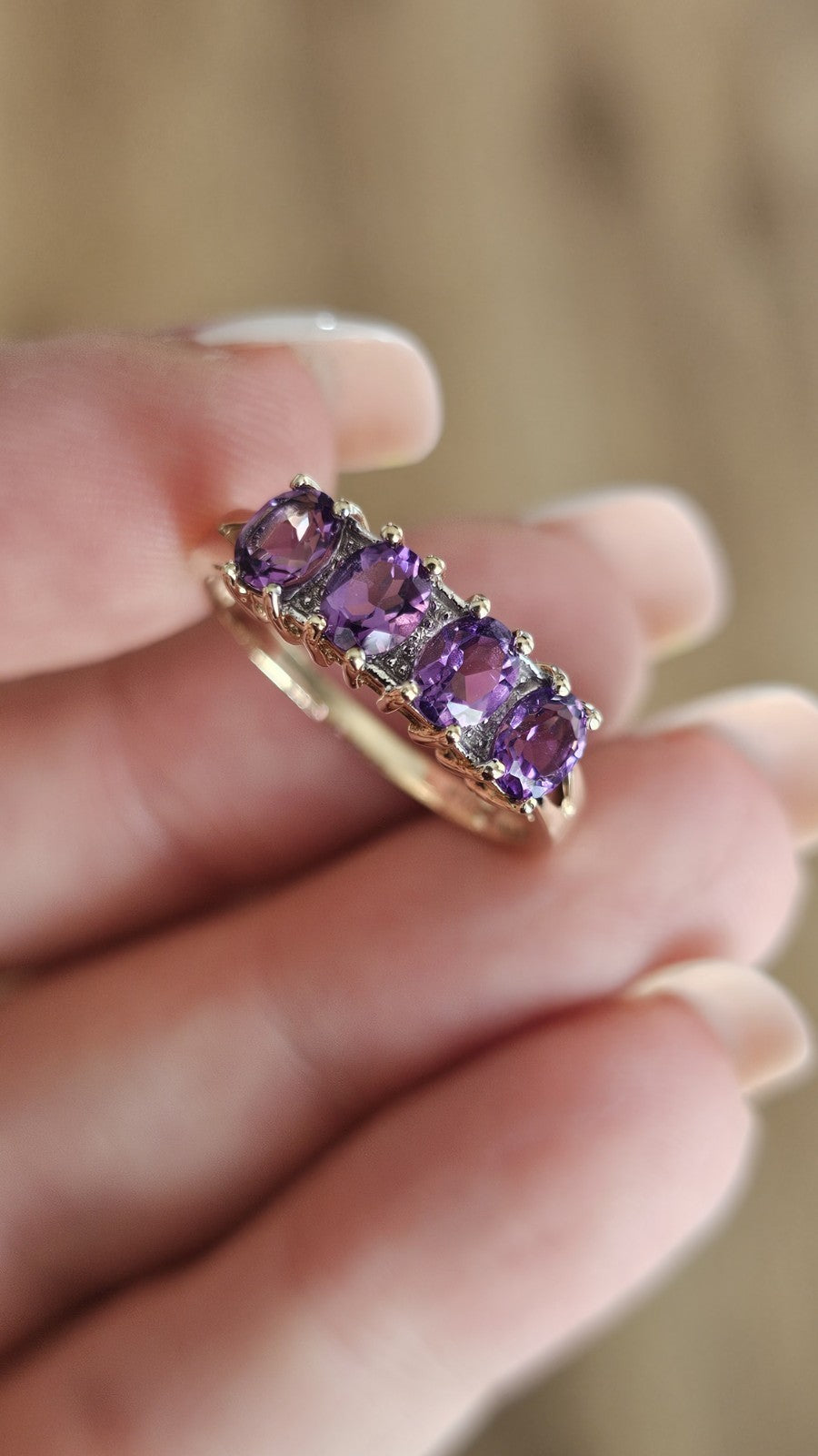 💜 9ct Yellow Gold Natural Amethyst & Diamond Half Eternity Ring – Size S 💜